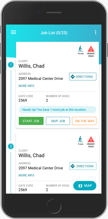 Field tech is notified ahead about multiple jobs for the same client